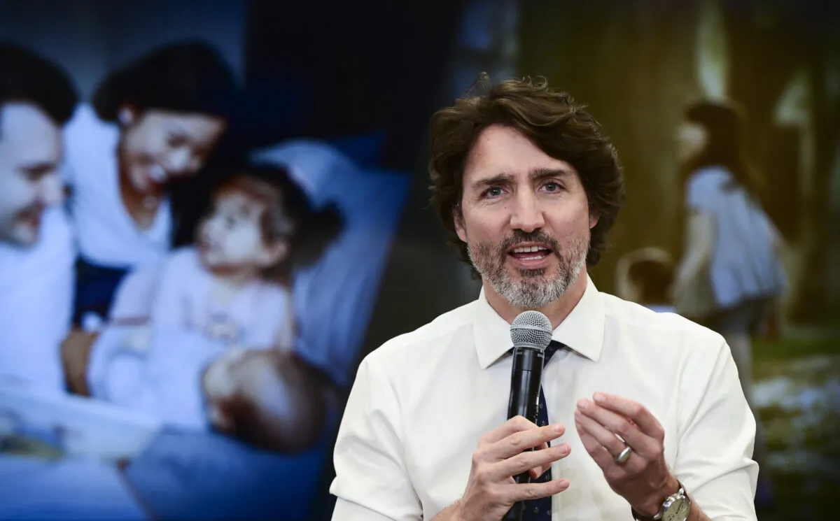 Prime Minister Justin Trudeau participates in a virtual conversation in Ottawa on May 28, 2021, to discuss the Canada Child Benefit. (The Canadian Press/Sean Kilpatrick)