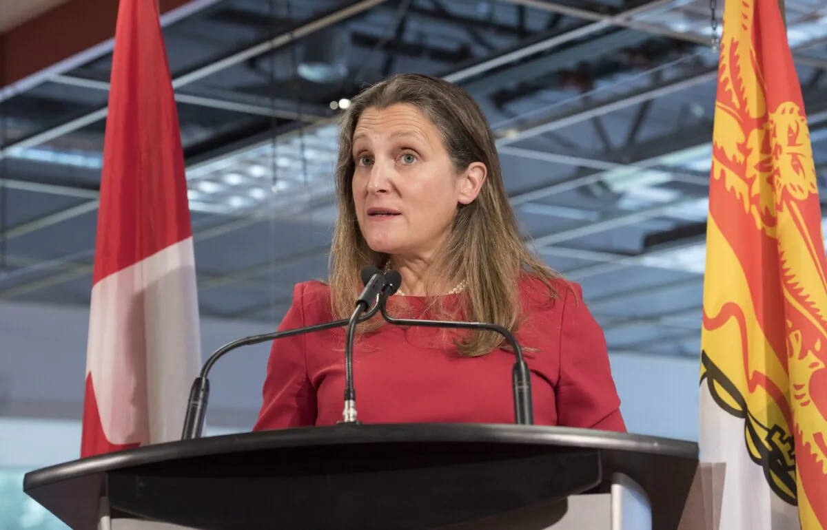 Deputy Prime Minister Chrystia Freeland speaks to the media during a funding announcement in Fredericton, New Brunswick on July 23, 2021. (The Canadian Press/Stephen MacGillivray)