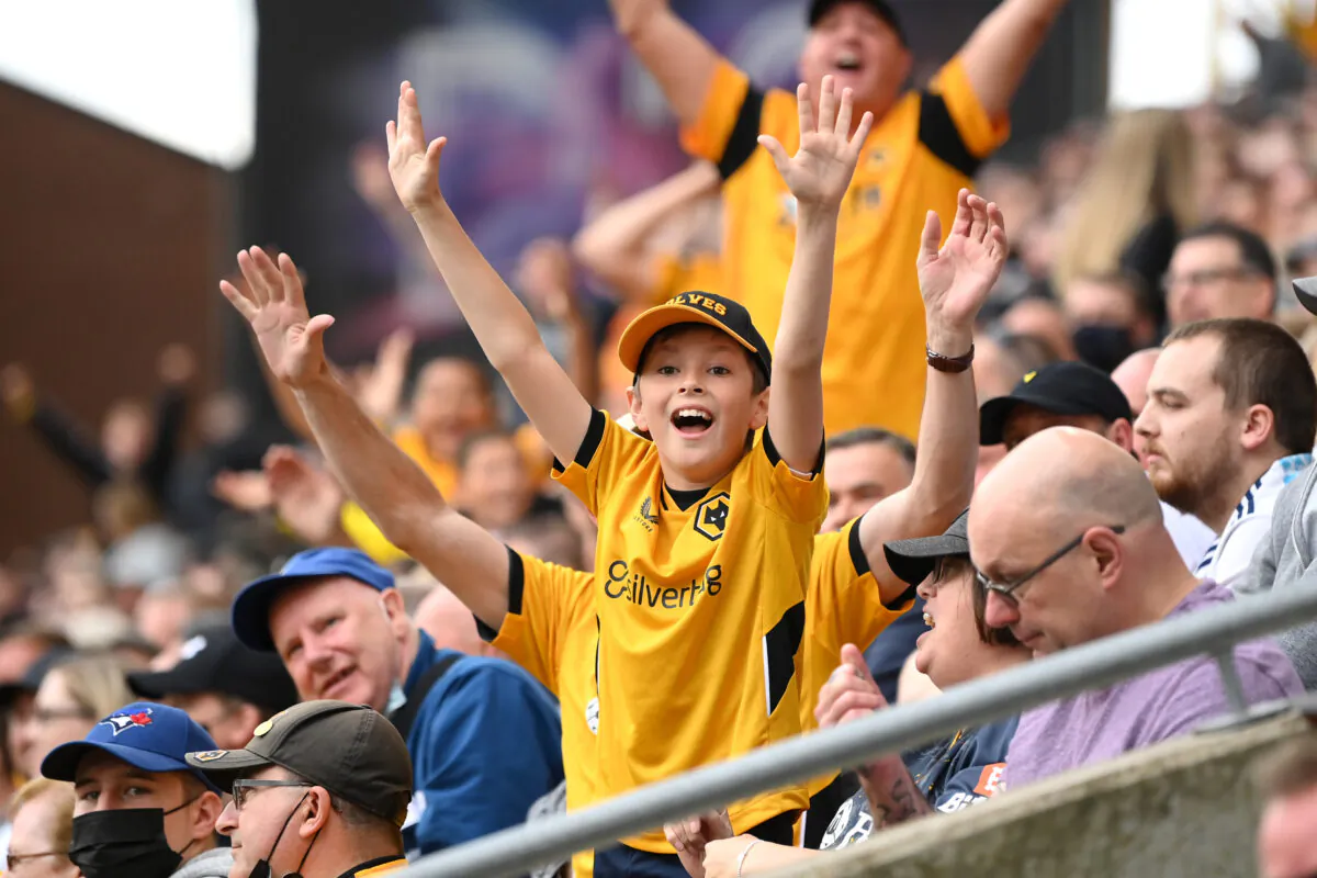 Fans of Wolverhampton Wanderers look on during the Premier League match between Wolverhampton Wanderers and Manchester United at Molineux, in Wolverhampton, England, on Aug. 29, 2021. (Michael Regan/Getty Images)