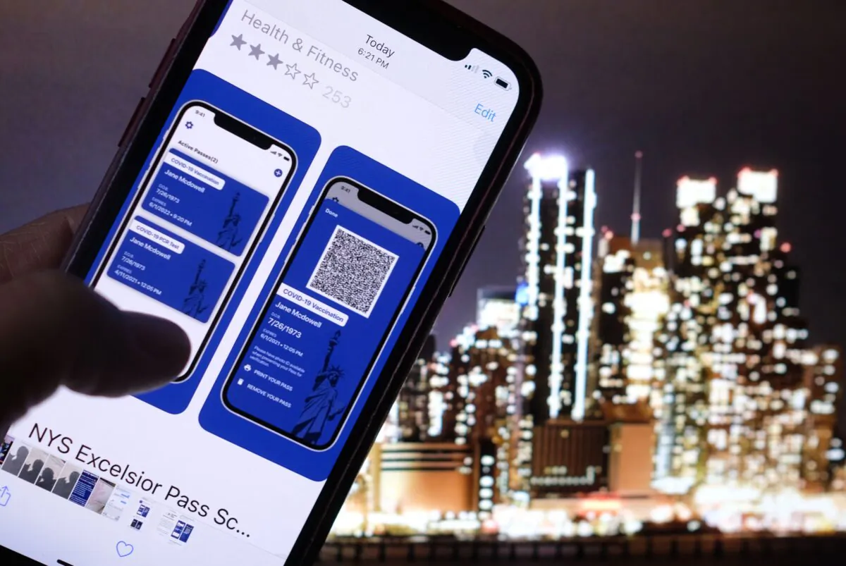 This photo illustration shows a person looking at the app for the New York State Excelsior Pass, which provided digital proof of COVID-19 vaccination. (Chris Delmas/AFP via Getty Images)