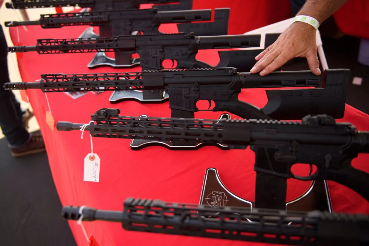 A California-legal AR-15 style rifle is displayed for sale at the Crossroads of the West Gun Show at the Orange County Fairgrounds in Costa Mesa, Calif., on June 5, 2021. (Patrick T. Fallon/AFP via Getty Images)