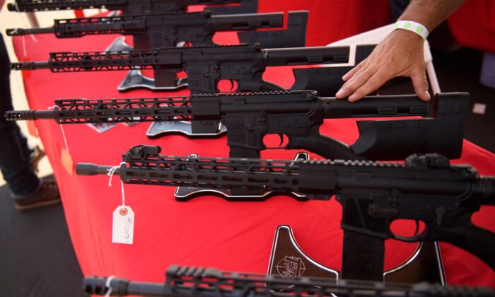 A California-legal AR-15 style rifle is displayed for sale at the Crossroads of the West Gun Show at the Orange County Fairgrounds in Costa Mesa, Calif., on June 5, 2021. (Patrick T. Fallon/AFP via Getty Images)