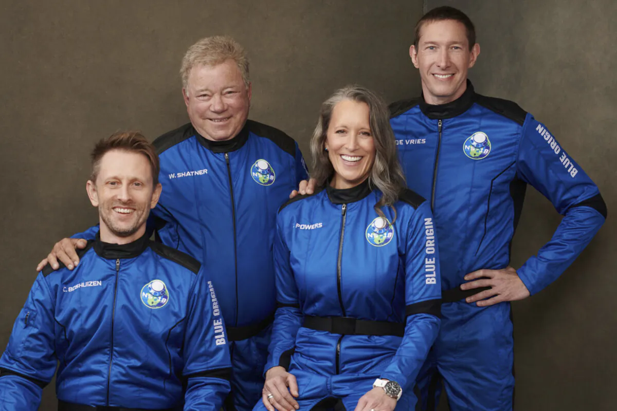 (L-R) Chris Boshuizen, William Shatner, Audrey Powers, and Glen de Vries in an undated photo made available by Blue Origin in October 2021. (Blue Origin via AP)