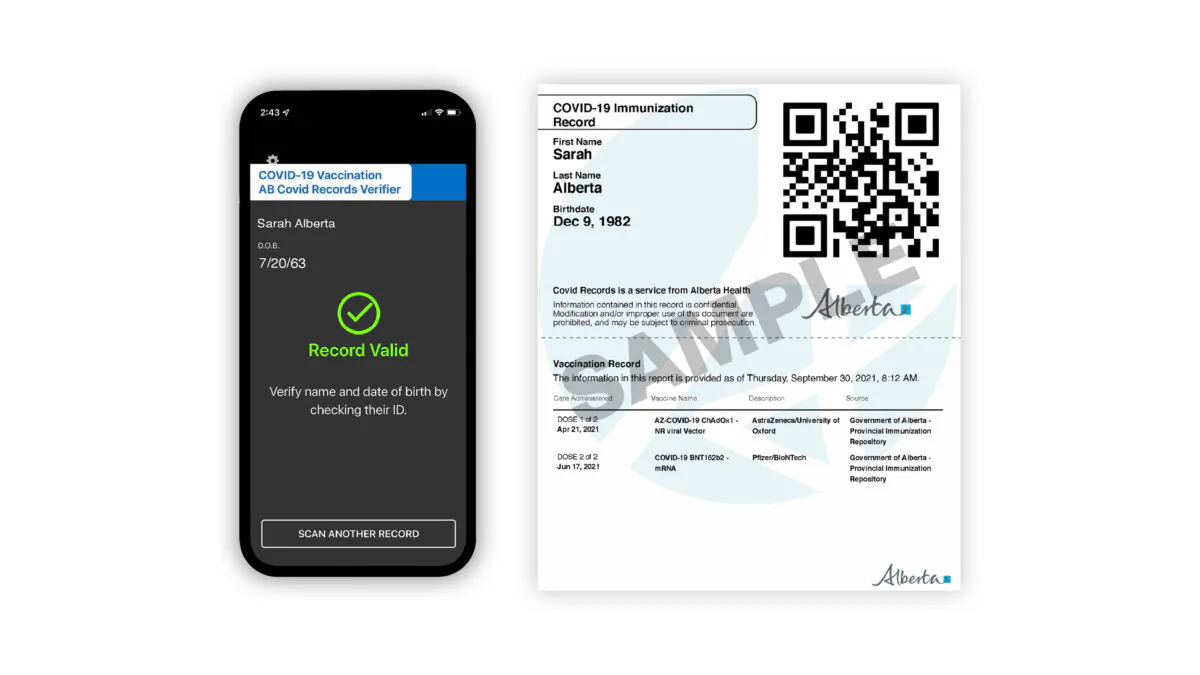 Businesses scan a person's unique QR code on their phone and a green check mark appears if the person's vaccination status is up-to-date. (Government of Alberta)