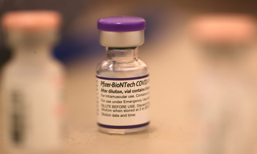 A vial of the Pfizer-BioNTech COVID-19 vaccine, labeled for use under emergency use authorization, is seen in San Rafael, Calif., on Oct. 1, 2021. (Justin Sullivan/Getty Images)