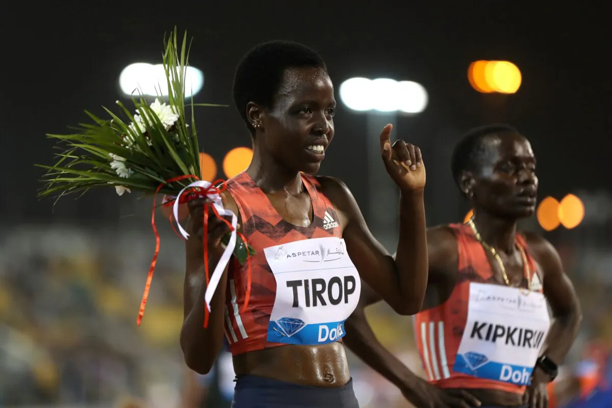 Kenya's Agnes Jebet Tirop celebrates after finishing second in the women's 3000m at Diamond League-Doha-Qatar Sports Club in Doha, Qatar, on May 4, 2018. (Ibraheem Al Omari/Reuters)