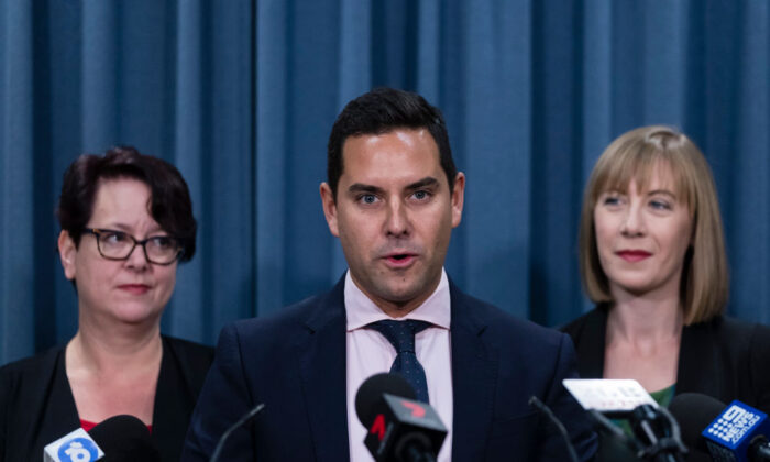 Independent MP Alex Greenwich with Member for Summer Hill Jo Haylen and MP Penny Sharpe at a press conference at NSW Parliament in Sydney, Australia, on Sept. 26, 2019. (Brook Mitchell/Getty Images)