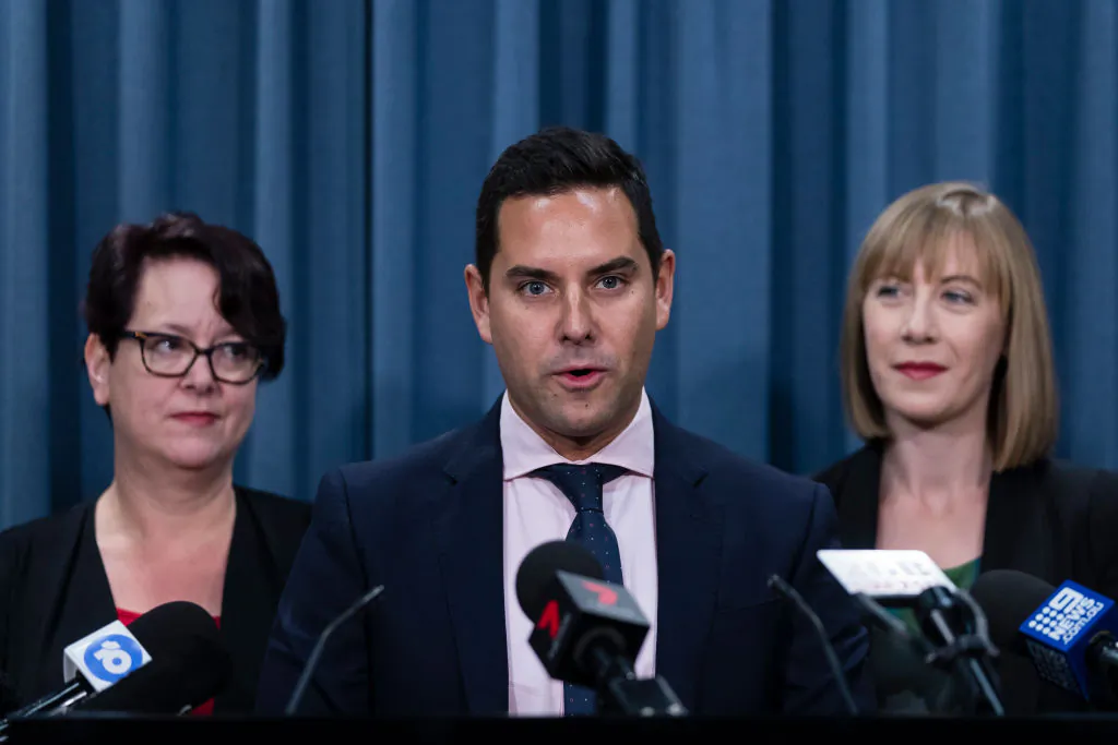 Independent MP Alex Greenwich with Member for Summer Hill Jo Haylen and MP Penny Sharpe at a press conference at NSW Parliament in Sydney, Australia, on Sept. 26, 2019. (Brook Mitchell/Getty Images)