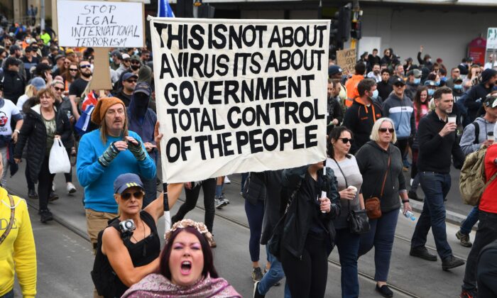 Demonstrators march done  the streets to protestation  lockdowns successful  Melbourne, Australia, connected  Sept. 18, 2021. (William West/AFP via Getty Images)