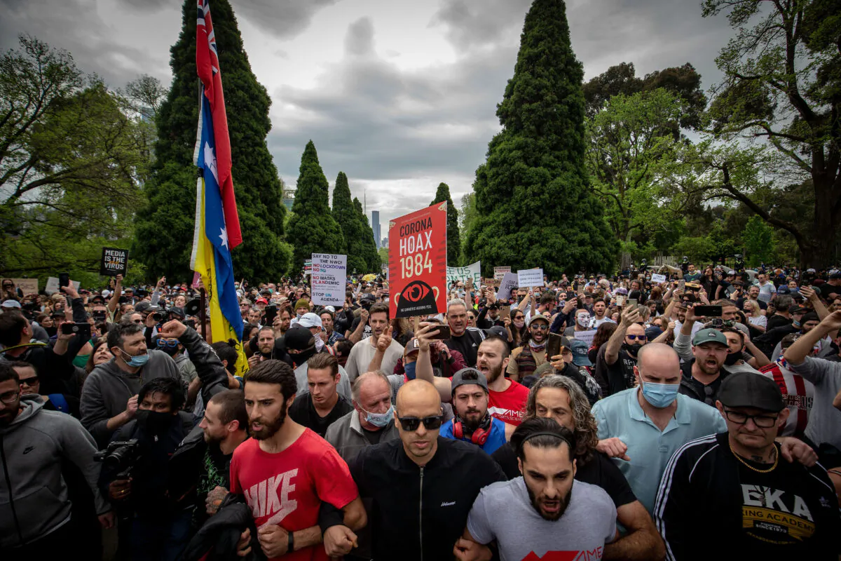 A large crowd gathers to protest lockdown restrictions, at the Shrine of Remembrance in Melbourne, Australia, on Oct. 23, 2020. (Darrian Traynor/Getty Images)