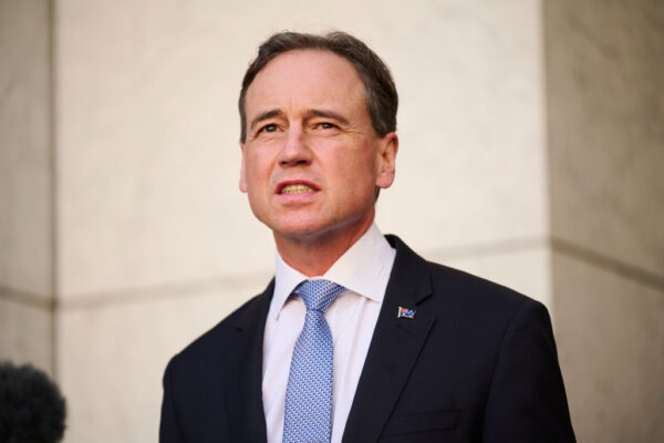 Australian Health Minister Greg Hunt at Parliament House in Canberra, Australia, on Aug. 23, 2021. (Rohan Thomson/Getty Images)