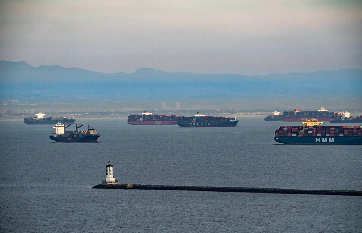Ships wait to be offloaded at the ports of Los Angeles and Long Beach on Jan. 12, 2021. (John Fredricks/The Epoch Times)