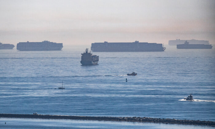 Ships wait to enter the ports of Los Angeles and Long Beach on Oct. 14, 2021. (John Fredricks/The Epoch Times)