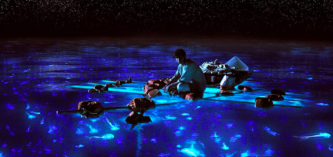 boy on life raft on ocean in Life of Pi