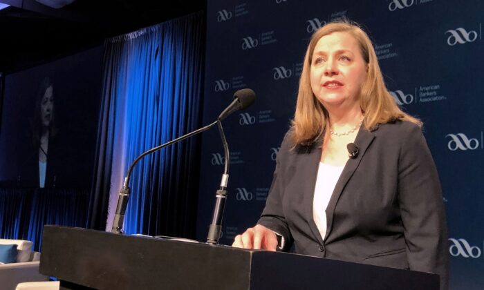 Federal Reserve Governor Michelle Bowman gives her first public remarks as a Fed policymaker at an American Bankers Association conference in San Diego, Calif., on  Feb. 11 2019. (Ann Saphir/Reuters)