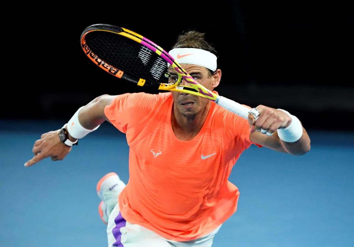 Rafael Nadal in action during his quarter final match against Greece's Stefanos Tsitsipas at Australian Open in  Melbourne Park, Australia, on Febr. 17, 2021. (Jaimi Joy/Reuters)