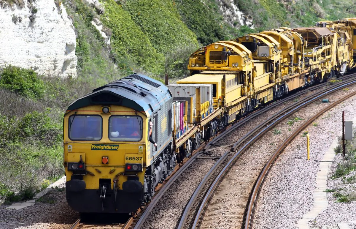 A Freightliner freight train, part of the Freightliner Group, passes through Dover in Kent, England, on April 26, 2019. (Gareth Fuller/PA Wire)
