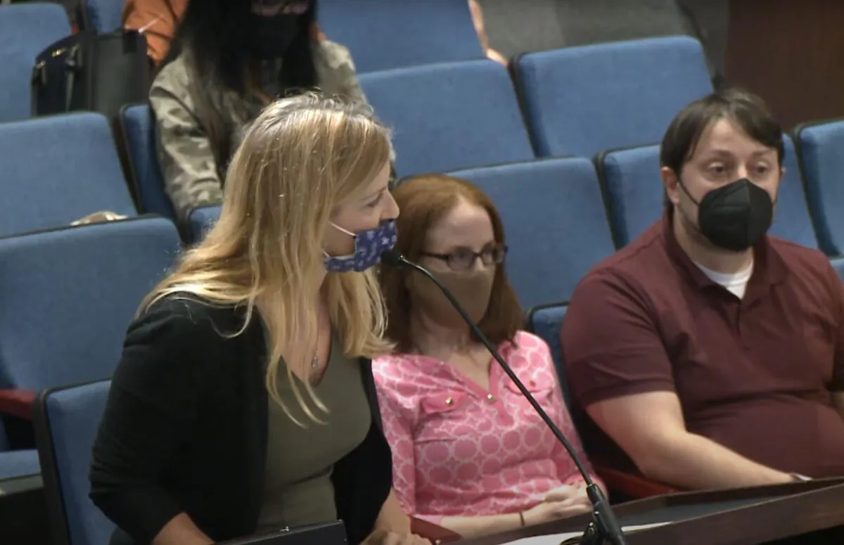 In this image from video, Fairfax, Va., parent Stacy Langton is seen during a school board meeting in Fairfax County, Va., on Sept. 24, 2021. (The Epoch Times vis FCPS)