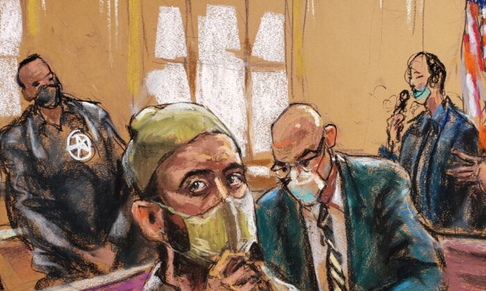 In this courtroom sketch former Taliban commander Haji Najibullah, previously accused of kidnapping an American journalist, appears on charges related to murdering three U.S. troops in Afghanistan in 2008, during a court hearing in New York, on Oct. 15, 2021. (Jane Rosenberg/Reuters)