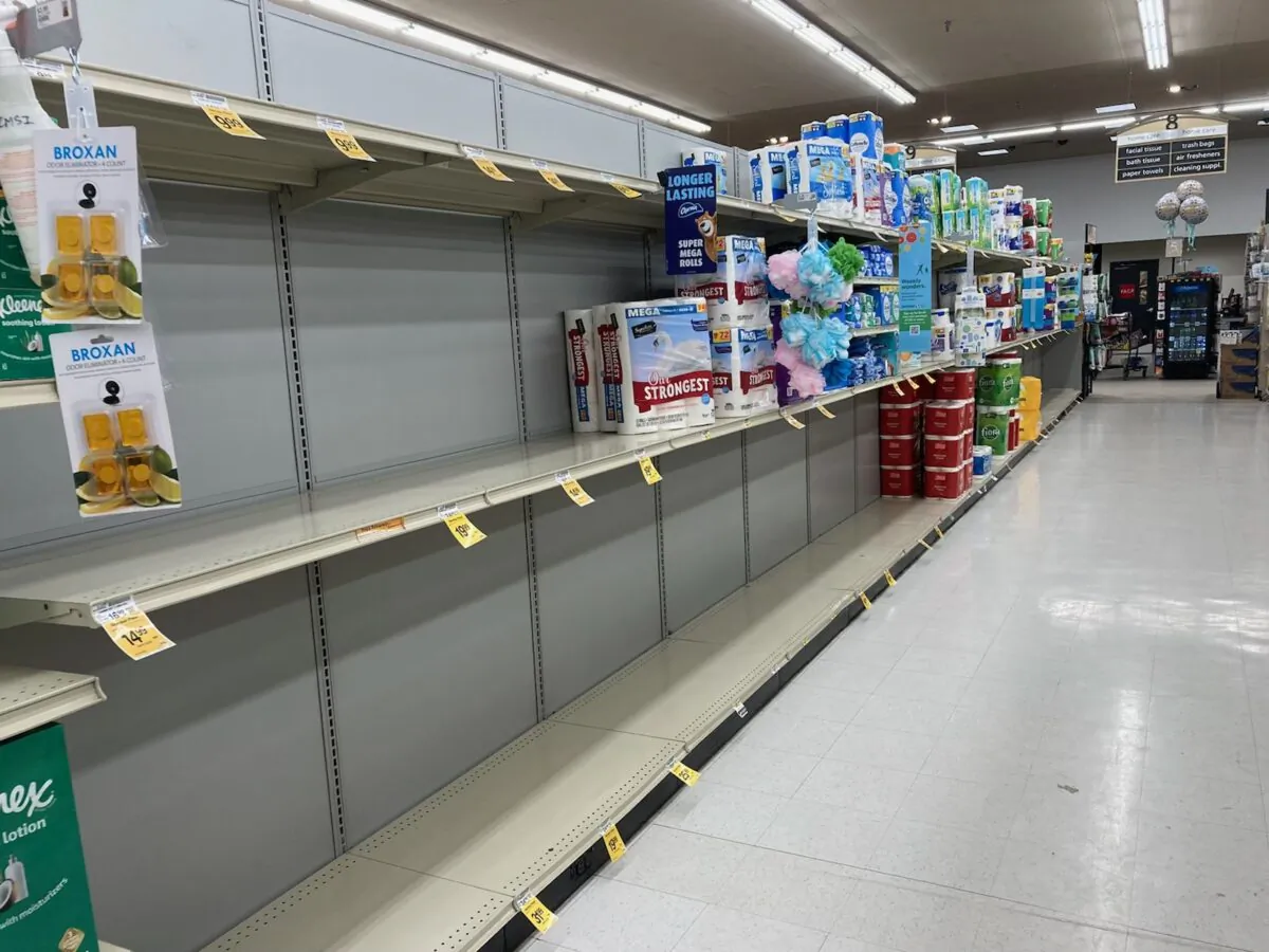 Empty supermarket shelves at Safeway in Williams, Arizona, in late September were partly due to delayed shipments, according to a store employee. (Allan Stein/The Epoch Times)