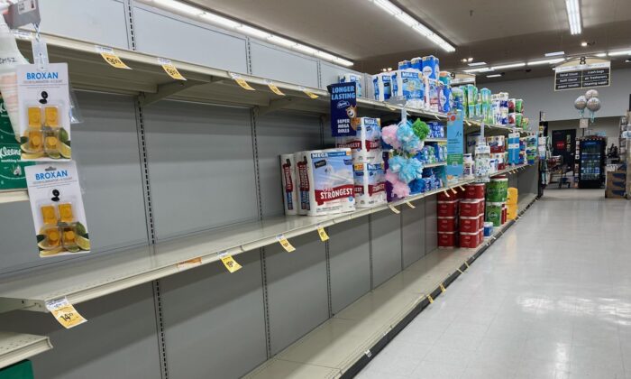 Empty supermarket shelves at Safeway in Williams, Arizona, in late September were partly due to delayed shipments, according to a store employee. (Allan Stein/  Pezou)