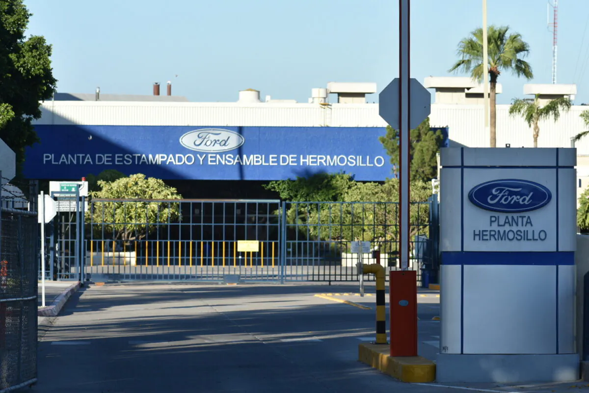 General view shows a part of a plant's facade after U.S. automaker suspended production for two days at the Mexico plant due to material shortage, in Hermosillo, Mexico on Oct. 11, 2021. (Omar Gustavo Cordova/Reuters)