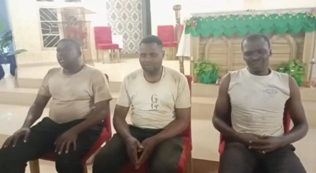 Three seminarians at the St. Albert the Great Catholic Institute and Seminary in Kaduna, Nigeria, just after their release by kidnappers on Oct. 14, 2021. (Screenshot from video posted by St. Albert the Great Institute/The Epoch Times)