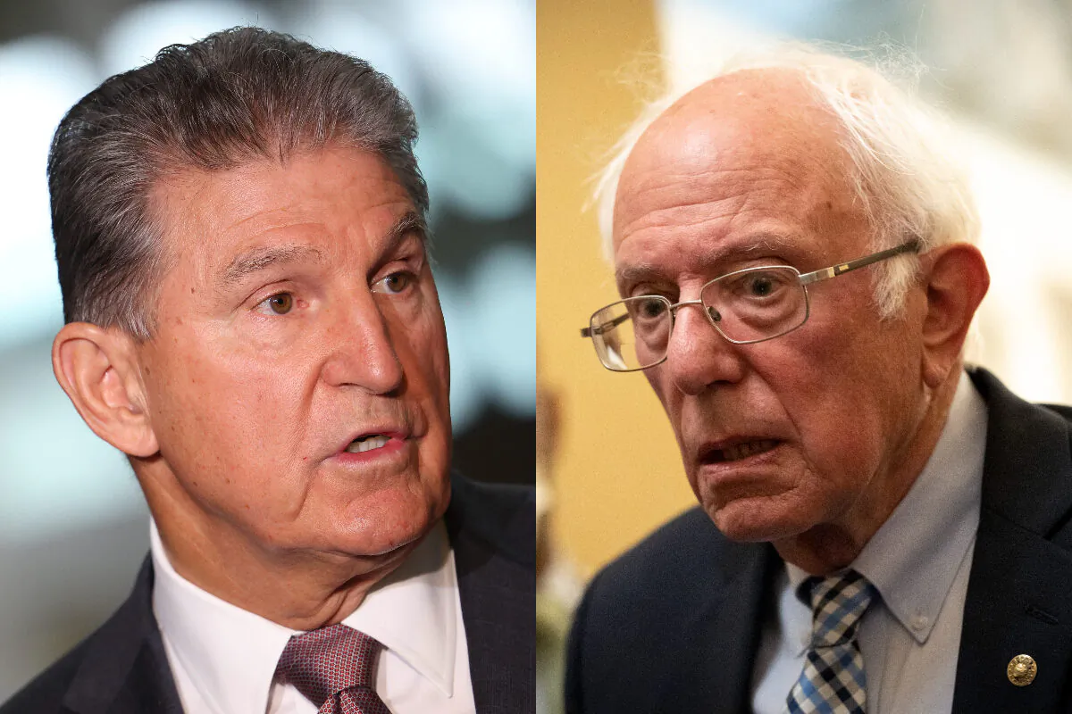 Sens. Joe Manchin (D-W.Va.) and Bernie Sanders (I-Vt.) are seen in Washington in file photographs. (Getty Images)