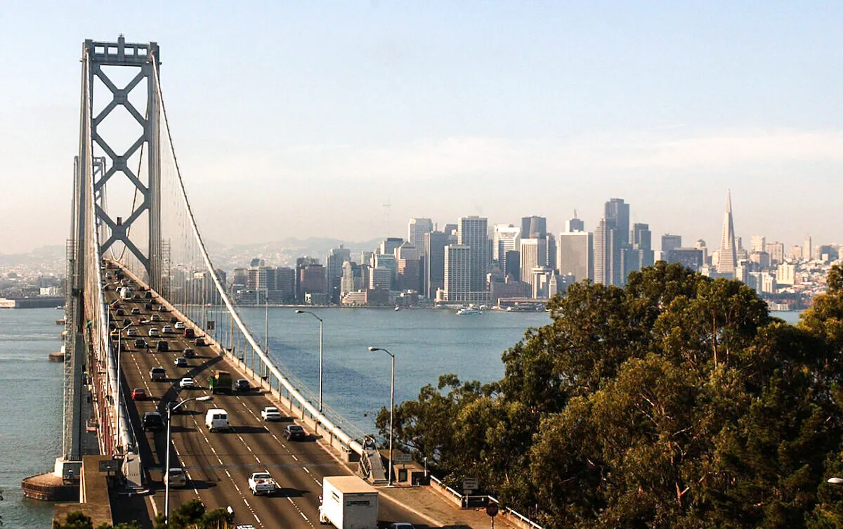 The western span of the San Francisco Bay Bridge and the San Francisco skyline in a file photo. (Justin Sullivan/Getty Images)