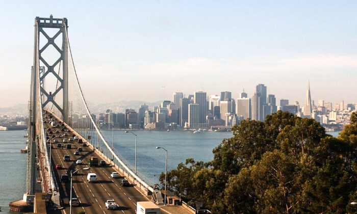 The western span of the San Francisco Bay Bridge and San Francisco skyline seen on Nov. 2, 2001. (Justin Sullivan/Getty Images)