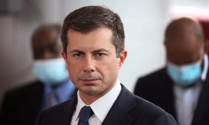U.S. Transportation Secretary Pete Buttigieg listens to a question during a press conference following a tour of a South Side transportation hub in Chicago on July 16, 2021. (Scott Olson/Getty Images)