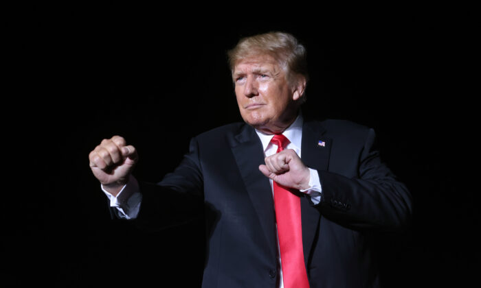 Former President Donald Trump speaks to supporters during a rally at the Iowa State Fairgrounds in Des Moines, Iowa, on Oct. 9, 2021. (Scott Olson/Getty Images)