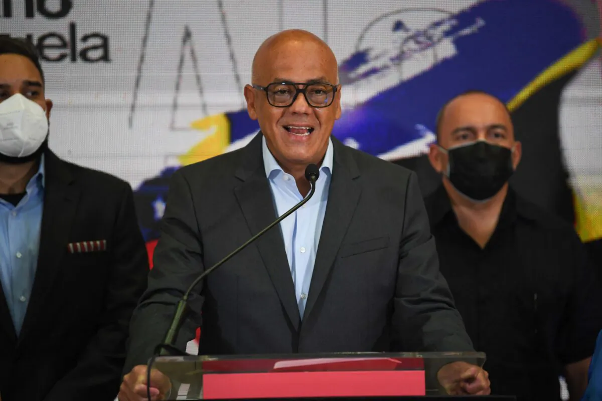 The president of the Venezuelan National Assembly, Jorge Rodriguez, speaks during a press conference with international media correspondents at the National Assembly, in Caracas, on Oct. 16, 2021. (FEDERICO PARRA/AFP via Getty Images)