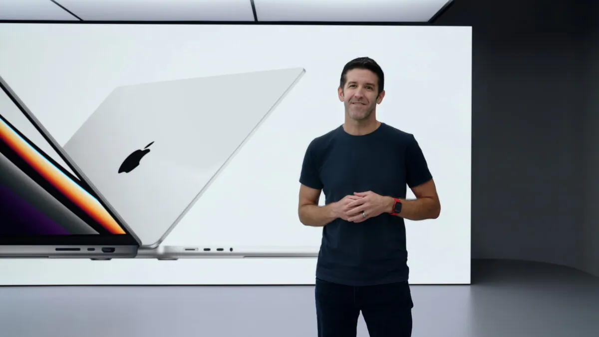 Apple's John Ternus introduces the MacBook Pro with new M1 Pro and M1 Max, available in 14- and 16-inch during a special event at Apple Park in Cupertino, Calif., in a still image from video released on Oct. 18, 2021. (Apple Inc/Handout via Reuters)