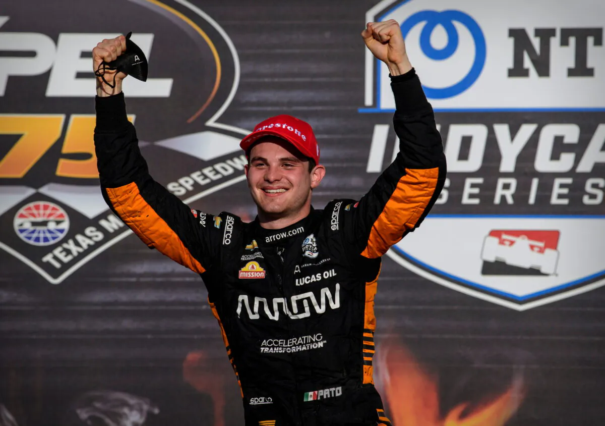 Arrow McLaren SP driver Pato O'Ward (5) of Mexico celebrates in victory lane after he wins the Xpel 375 IndyCar race at Texas Motor Speedway, in Fort Worth, Texas, on May 2, 2021. (Jerome Miron/USA TODAY Sports via Reuters)