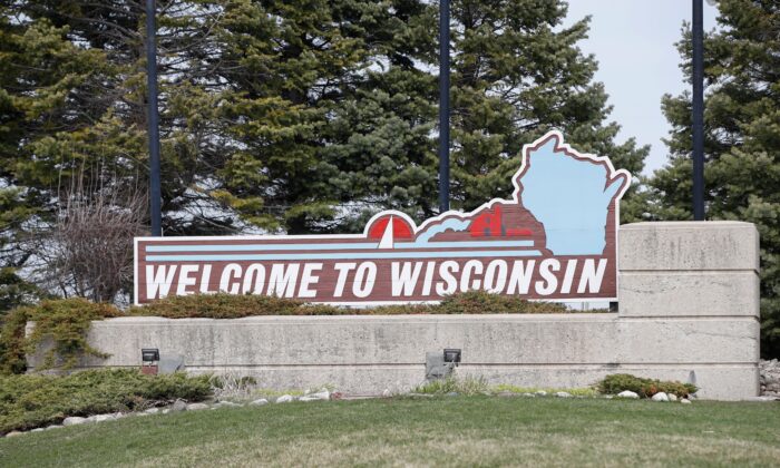 The Wisconsin Welcome Sign is seen in Pleasant Prairie, Wis., on April 6, 2020. (Kamil Krzaczynski/AFP via Getty Images)