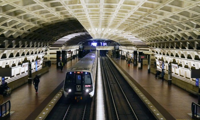 A train arrives at Metro Center station in Washington on April 23, 2021. (Patrick Semansky/AP Photo)