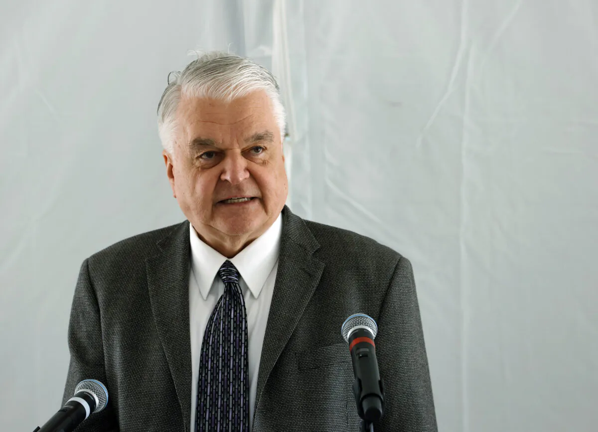 Nevada Gov. Steve Sisolak speaks during the launch of the 100-megawatt MGM Resorts Mega Solar Array in Dry Lake Valley, Nev., on June 28, 2021. (Ethan Miller/Getty Images)
