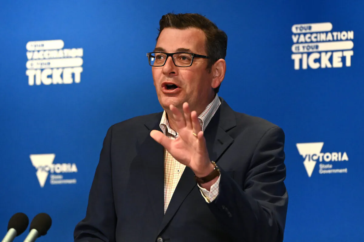 Victorian Premier Daniel Andrews speaks to the media in Melbourne, Australia, on Oct. 17, 2021. (Quinn Rooney/Getty Images)