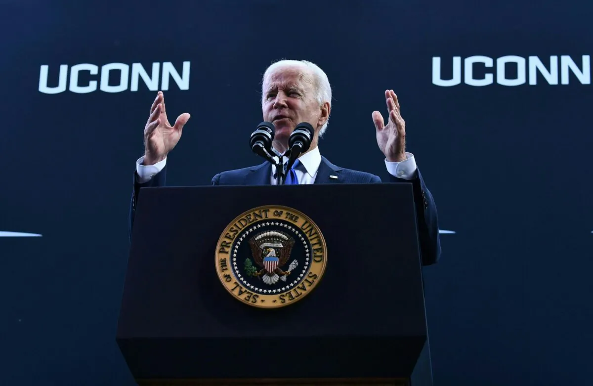 President Joe Biden speaks at the dedication of the Dodd Center for Human Rights at the University of Connecticut  in Storrs, Conn., on Oct. 15, 2021. (Brendan Smialowski/AFP via Getty Images)