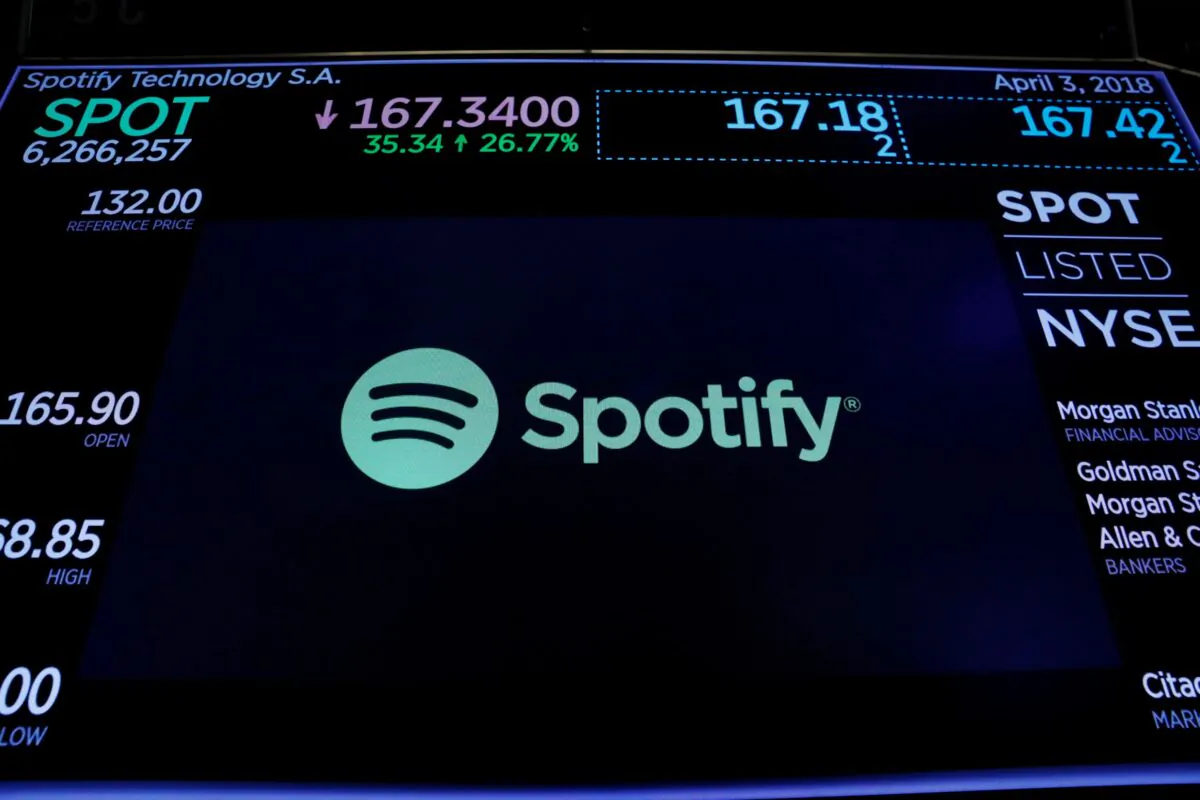 The Spotify logo is displayed on the floor of the New York Stock Exchange in New York on April 3, 2018. (Lucas Jackson/Reuters)