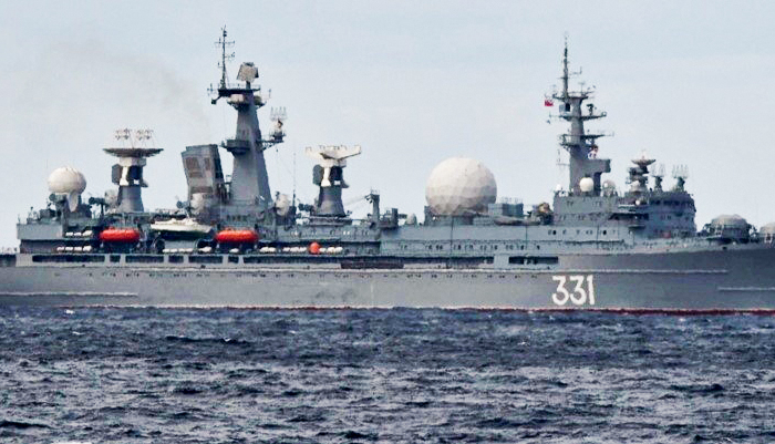 Russian Navy's Marshal Nedelin-class missile range instrumentation ship No.331 sails on the sea near Japan on Oct. 18, 2021 (Joint Staff Office of the Defense Ministry of Japan/Handout via Reuters)