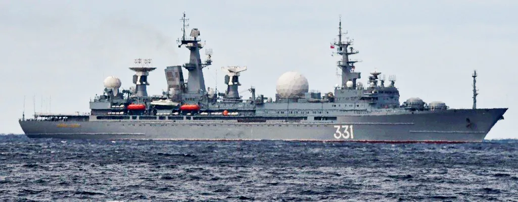 Russian Navy's Marshal Nedelin-class missile range instrumentation ship No.331 sails on the sea near Japan on Oct. 18, 2021 (Joint Staff Office of the Defense Ministry of Japan/Handout via Reuters)