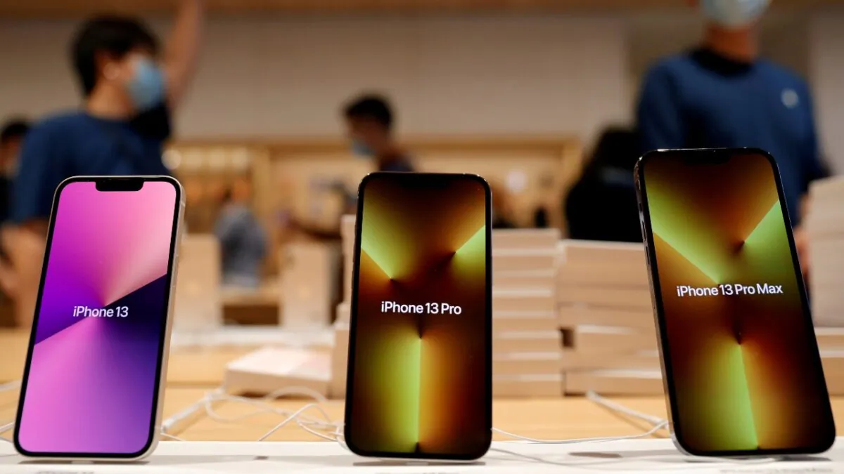 Apple's iPhone 13 models are pictured at an Apple Store in Beijing, China, on Sept. 24, 2021. (Carlos Garcia Rawlins/Reuters)