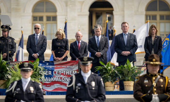 (L to R) President Joe Biden, First Lady Jill Biden, Homeland Security Secretary Alejandro Mayorkas, FBI Director Christopher Wray, and others attend the Annual National Police Officers' Memorial Service at the U.S. Capitol. (DHS Photo/Benjamin Applebaum)