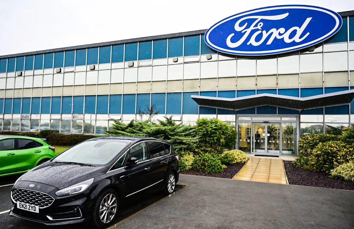 A picture shows the Ford logo at the company's Halewood plant in Liverpool, north west England, on Oct. 18, 2021. -(Paul Ellis/AFP via Getty Images)