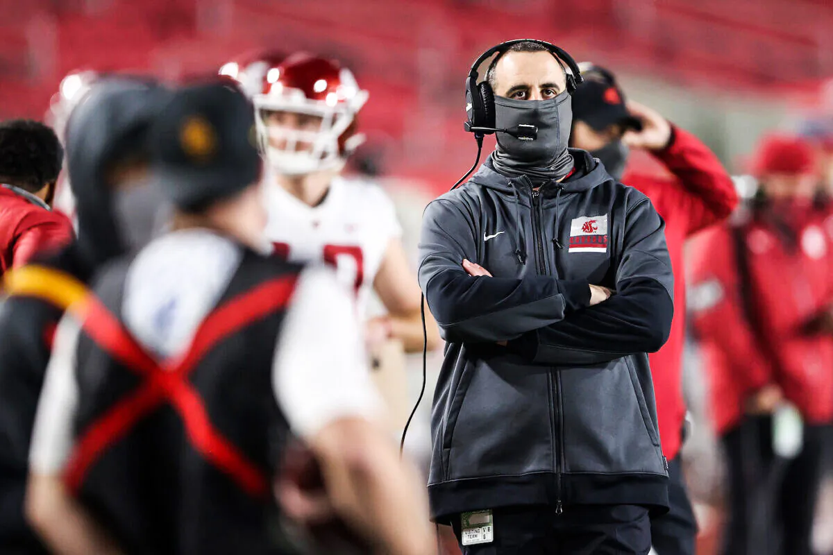 A file image of head coach Nick Rolovich of the Washington State Cougars looking on during the second half of a game against the USC Trojans at Los Angeles Coliseum on Dec. 06, 2020. (Sean M. Haffey/Getty Images)
