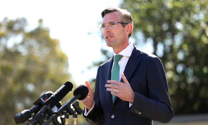 Premier of NSW Dominic Perrottet speaks during a press conference in Sydney, Australia, on Oct. 18, 2021. (Brendon Thorne/Getty Images)