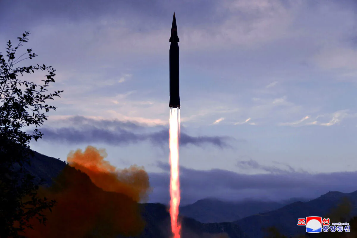 The newly developed hypersonic missile Hwasong-8 is test-fired by the Academy of Defence Science of the DPRK in Toyang-ri, Ryongrim County of Jagang Province, North Korea, in this undated photo by North Korea's Korean Central News Agency released on Sept.29, 2021. (KCNA via REUTERS)