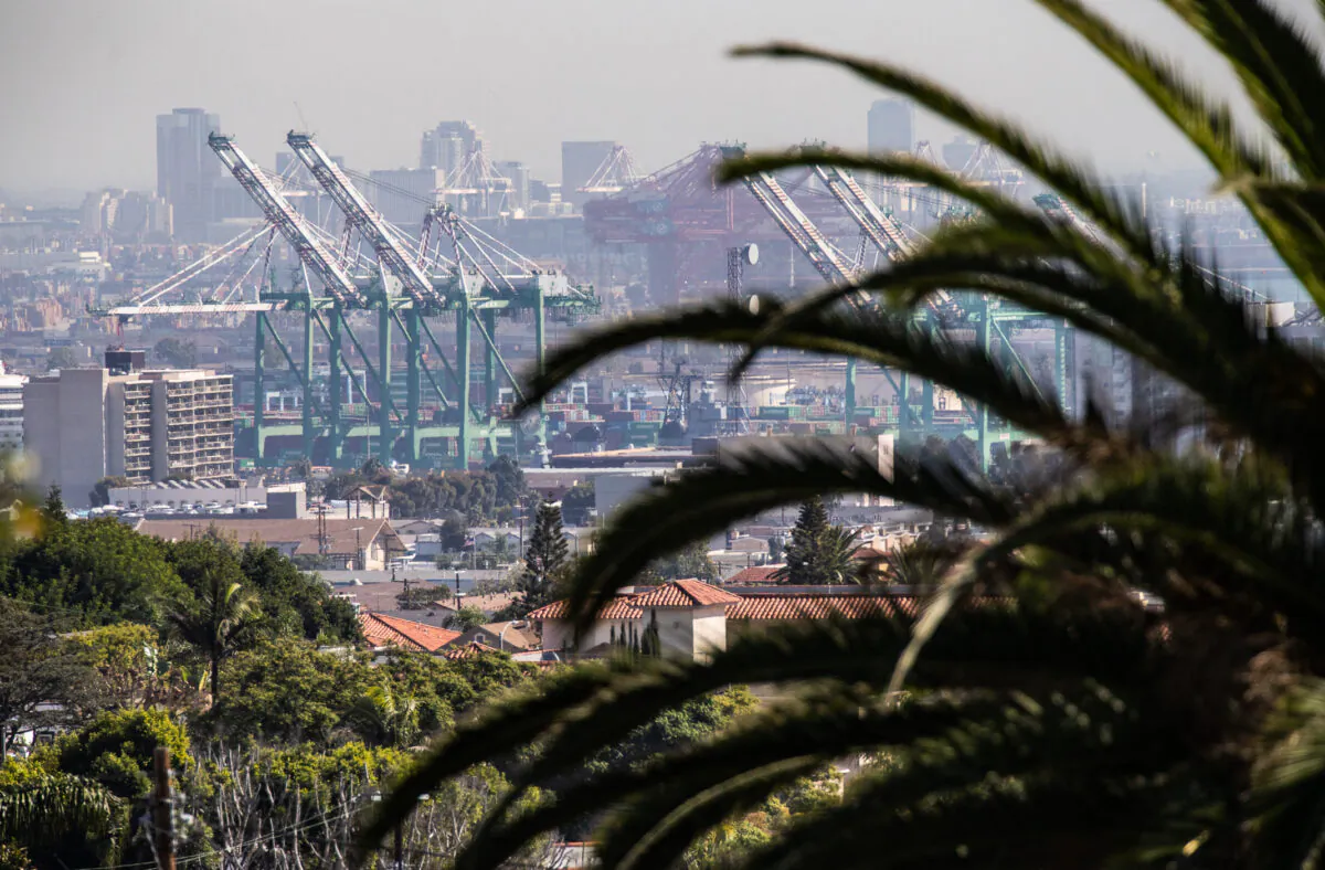 Shipping containers wait to be transferred from the ports of Los Angeles and Long Beach on Oct. 14, 2021. (John Fredricks/The Epoch Times)